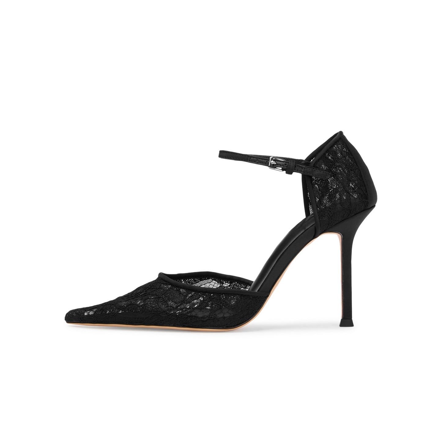 Black Lace Mesh Pointed-Toe Satin Ankle Strap High Heels