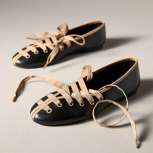 Black Round-Toe Brown Lace-Up Ballet Flats