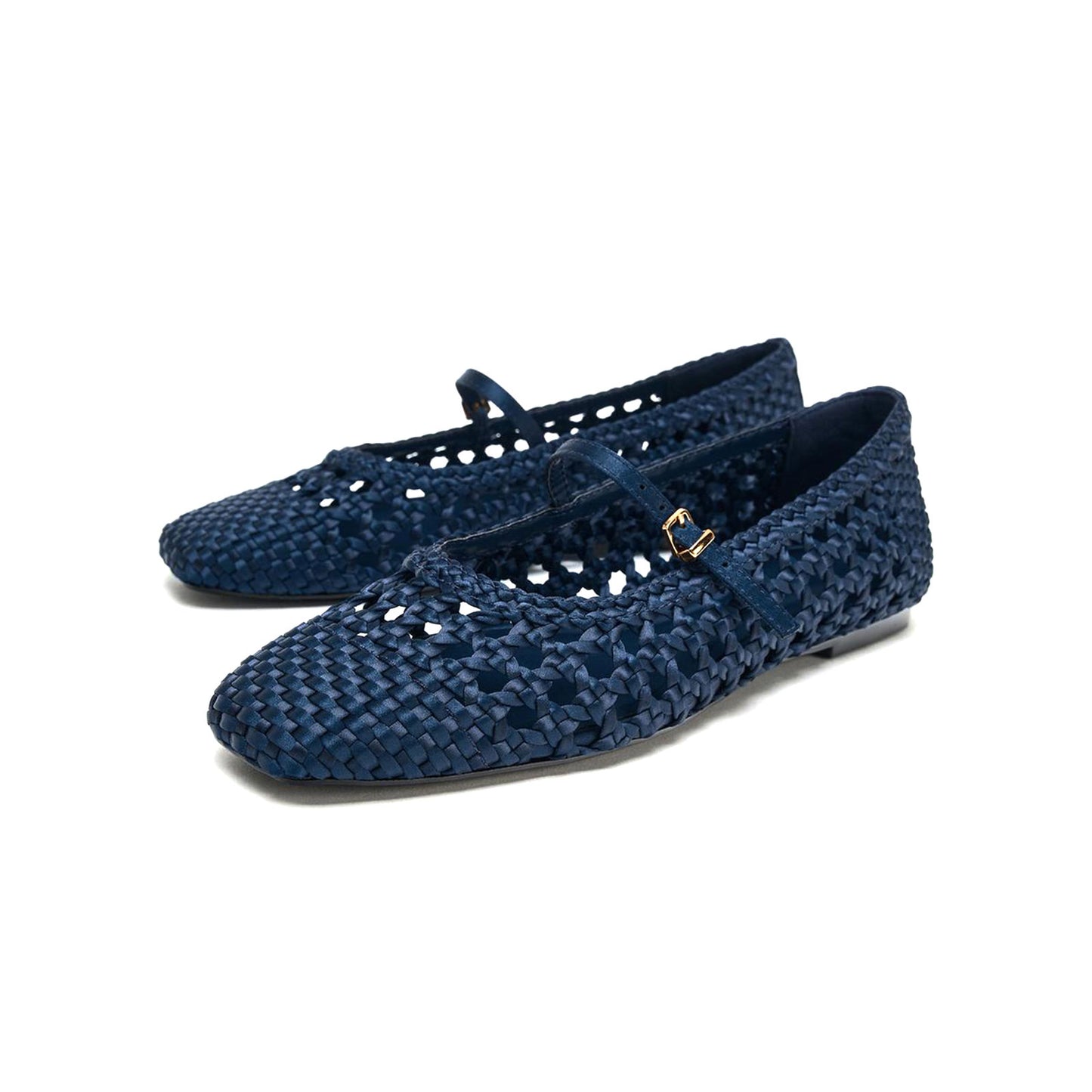 Blue Woven Satin Square-Toe Buckle Mary Jane Chic Flats