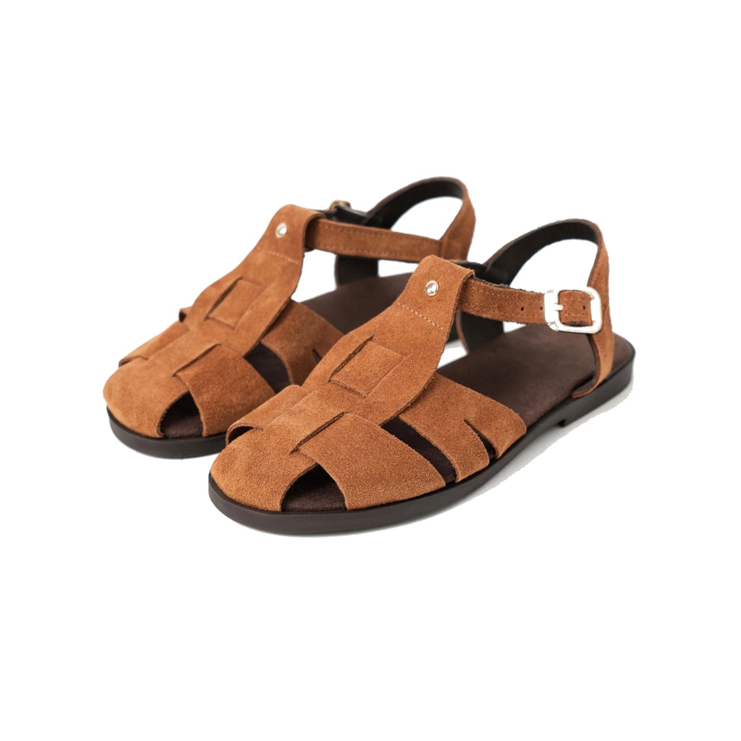 Brown Cow Suede Round-Toe Caged Detail Buckle Sandals Flats