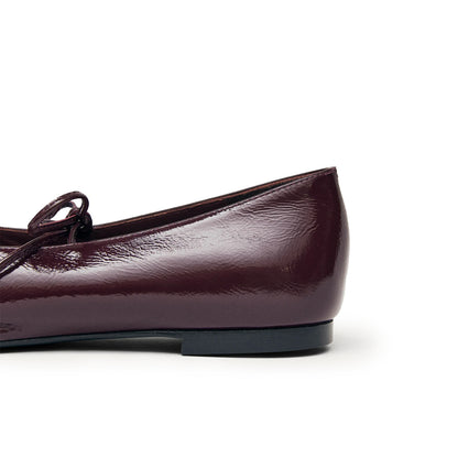 Patent Burgundy Square-Toe V-Cut Vamps Bridge Self-Tie Bow Ballet Flats