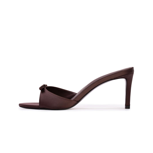 Chocolate Satin Round-Toe Front-Bow Backless Kitten Heels