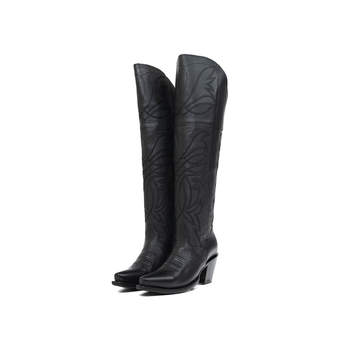Black Snip-Toe Half-Zip Western Embroidery Knee High Cowgirl Boots