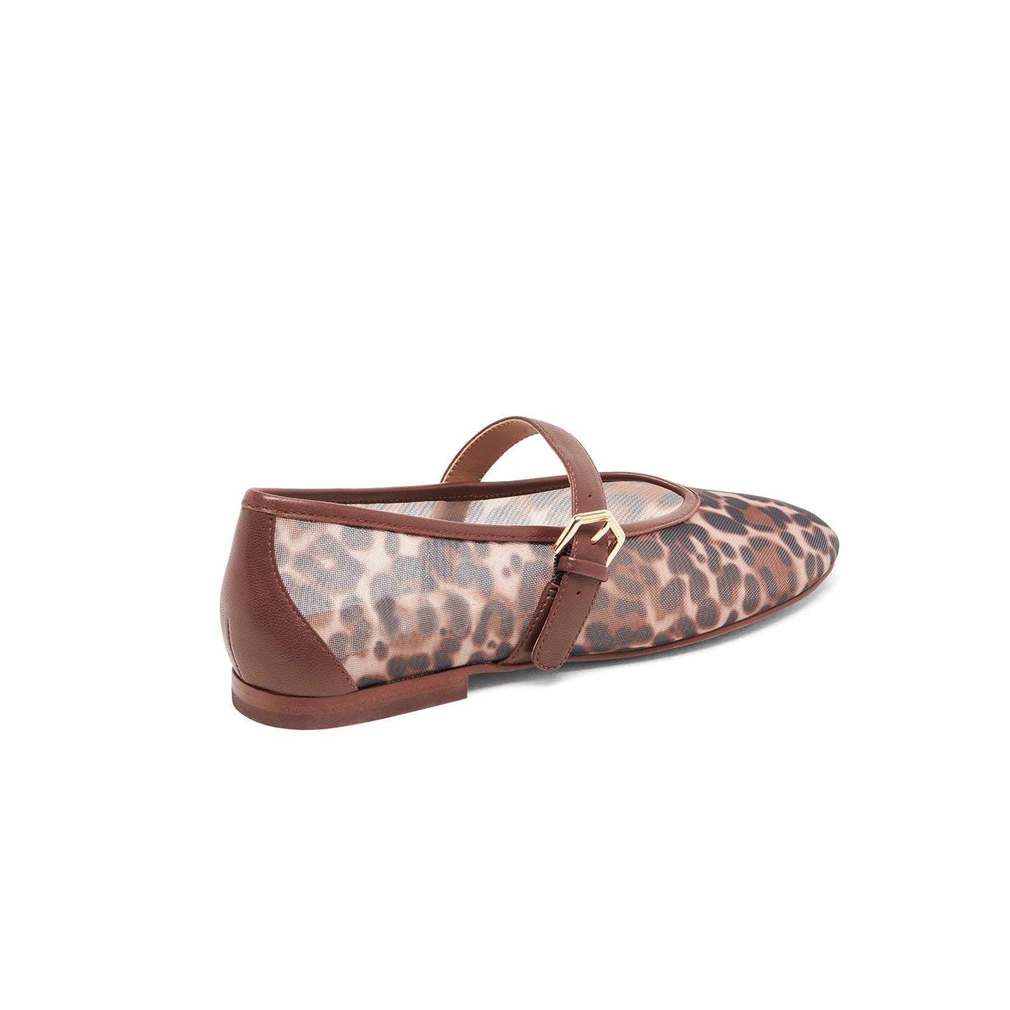 Leopard Mesh Round-Toe Vegan Leather Bridge Strap Ballet Flats