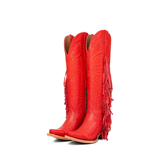 Red Snip-Toe Embroidery Side Fringe Half-Zip Knee High Cowgirl Boots