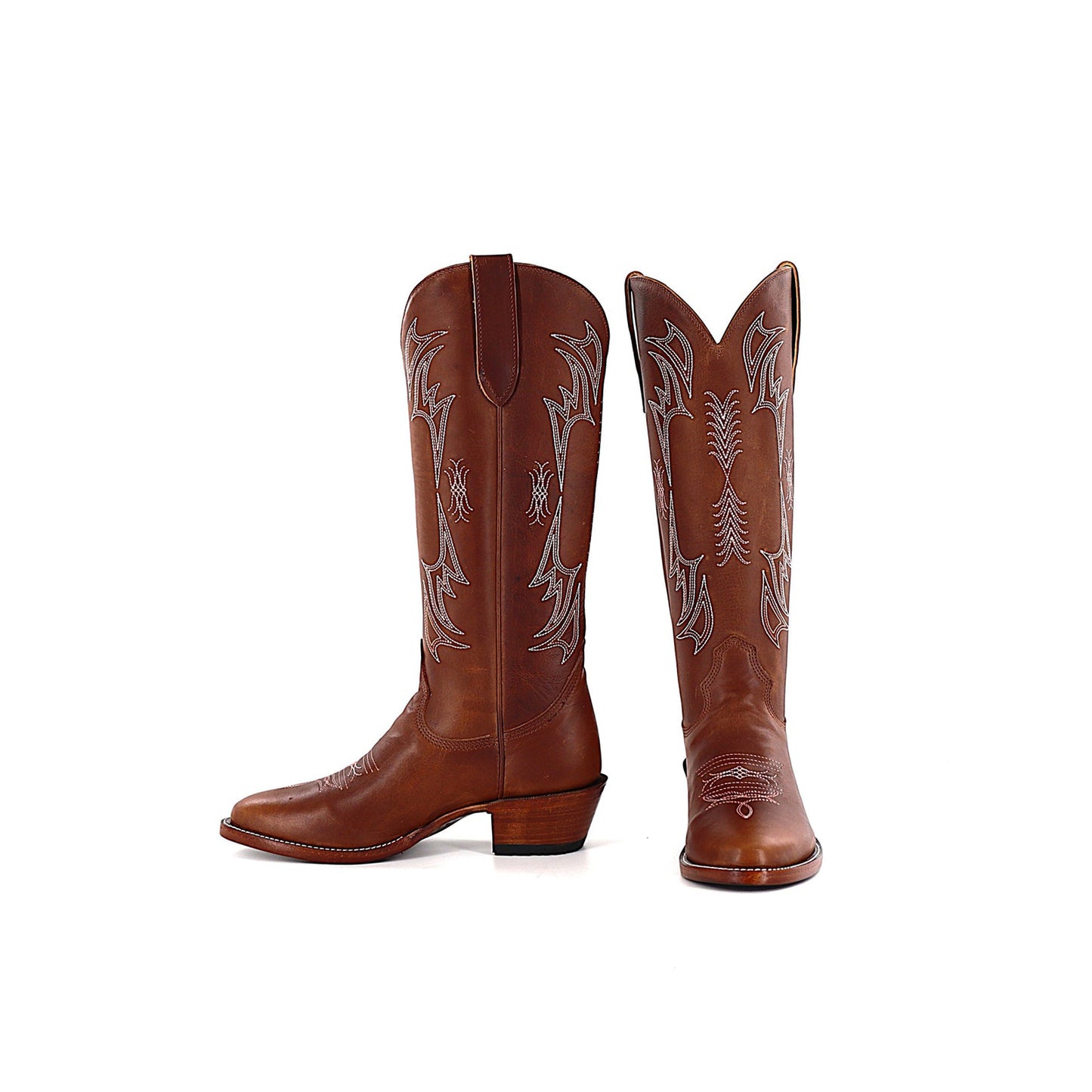 Cognac Round-Toe Embroidery Mid Calf Cowgirl Boots