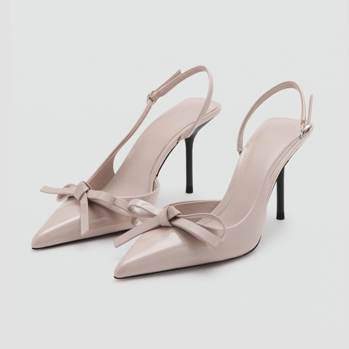 Patent Mint Pointed-Toe Front Bow Slingback With Buckle High Heels