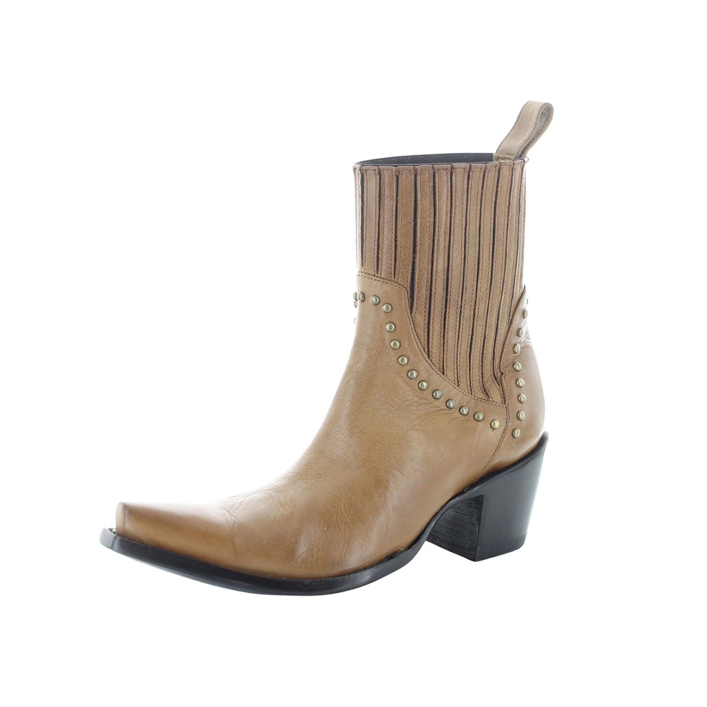 Cognac Snip-Toe Studded Slip-On Western Ankle Cowgirl Boots