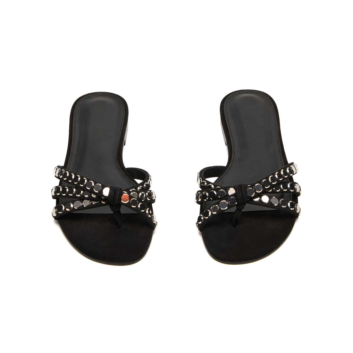 Black Faux Suede Square-Toe Front Strappy With Rhinestones Backless Flats