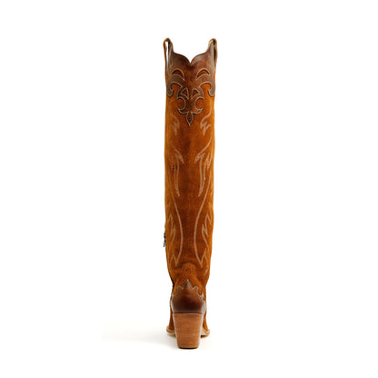 Brown Faux Suede Round-Toe Half-Zip Embroidery Tall Knee High Cowgirl Boots