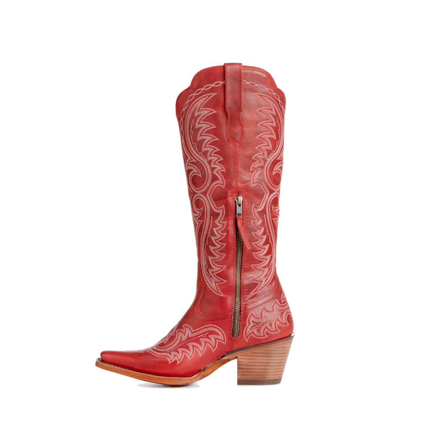 Dark Red Snip-Toe Chic Embroidery Half-Zip Knee High Cowgirl Boots