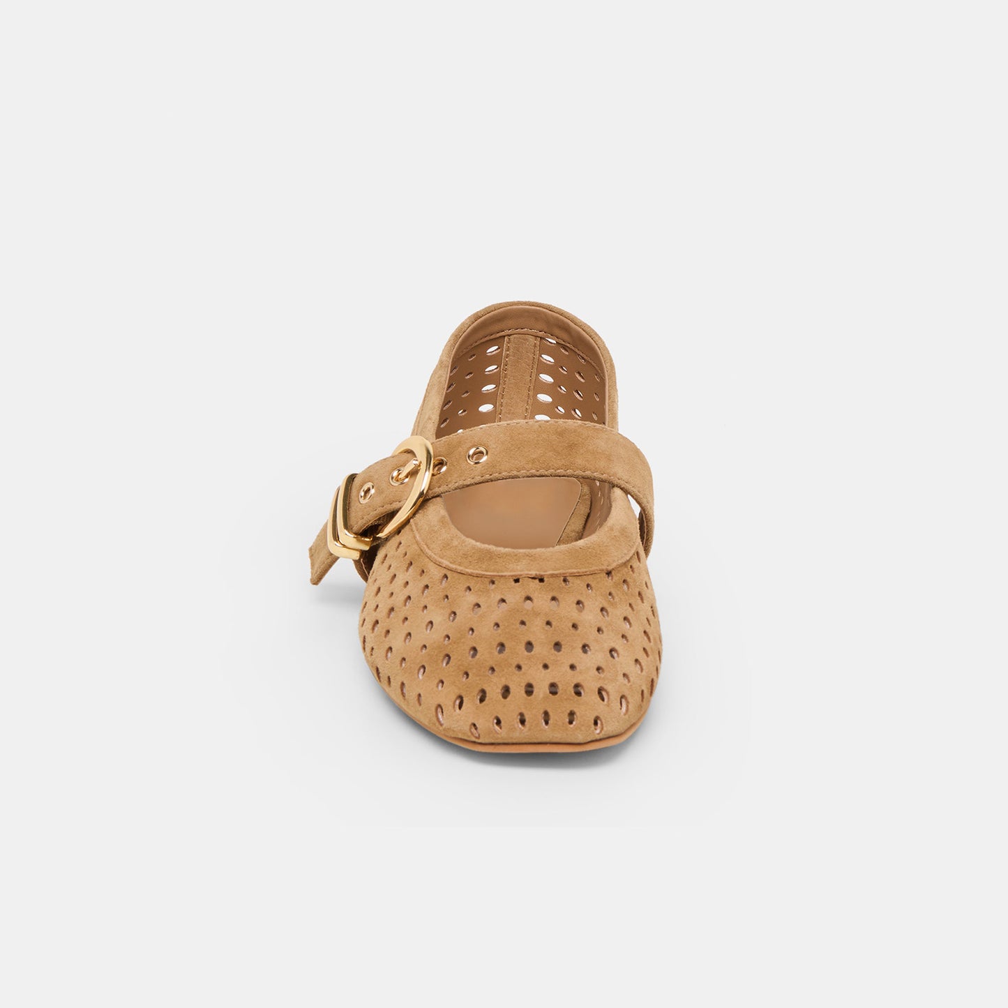 Brown Perforated Faux Suede Square-Toe Mary Janes Ballet Flats