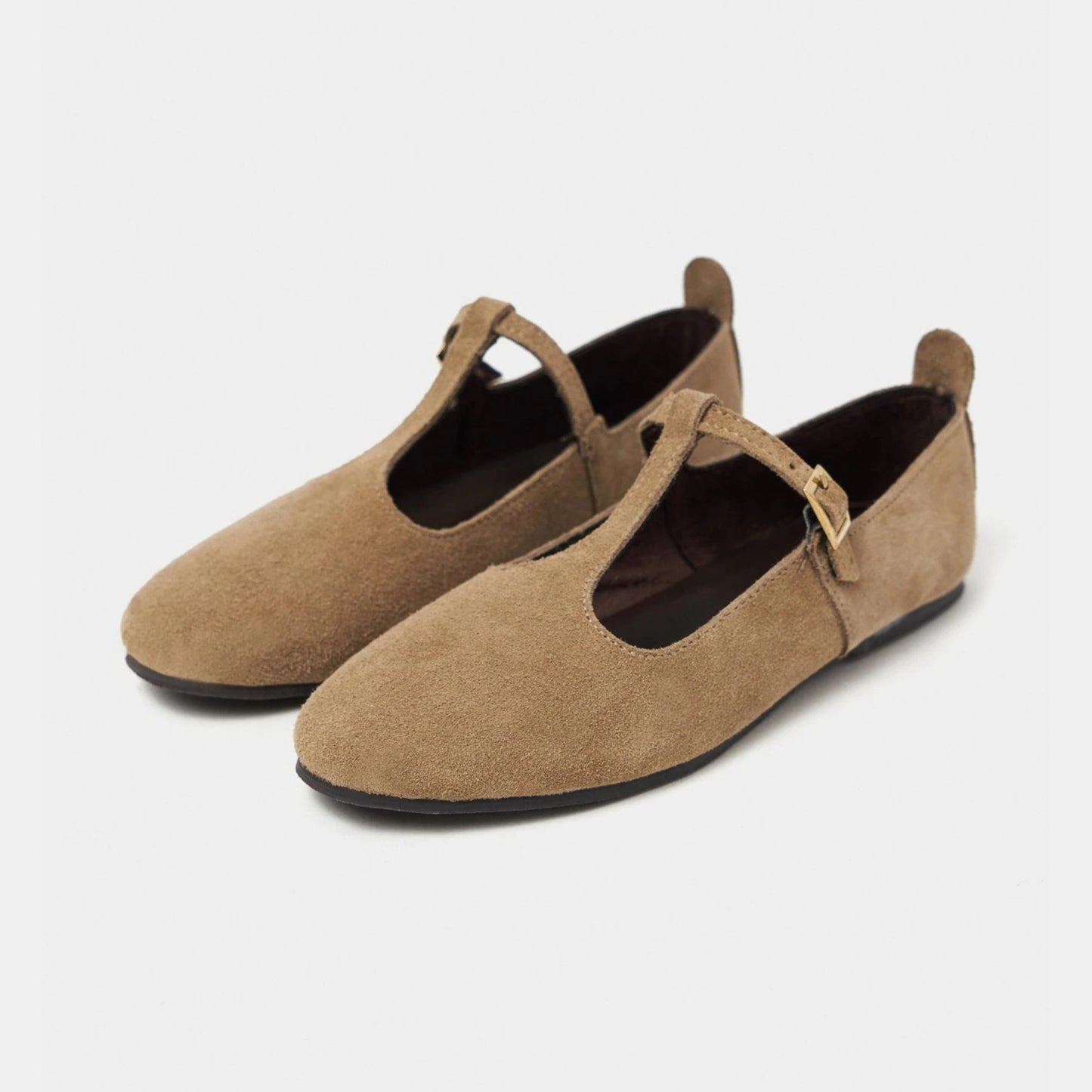 Camel Faux Suede Round-Toe Buckle Middle Strap Simple Chic Flats