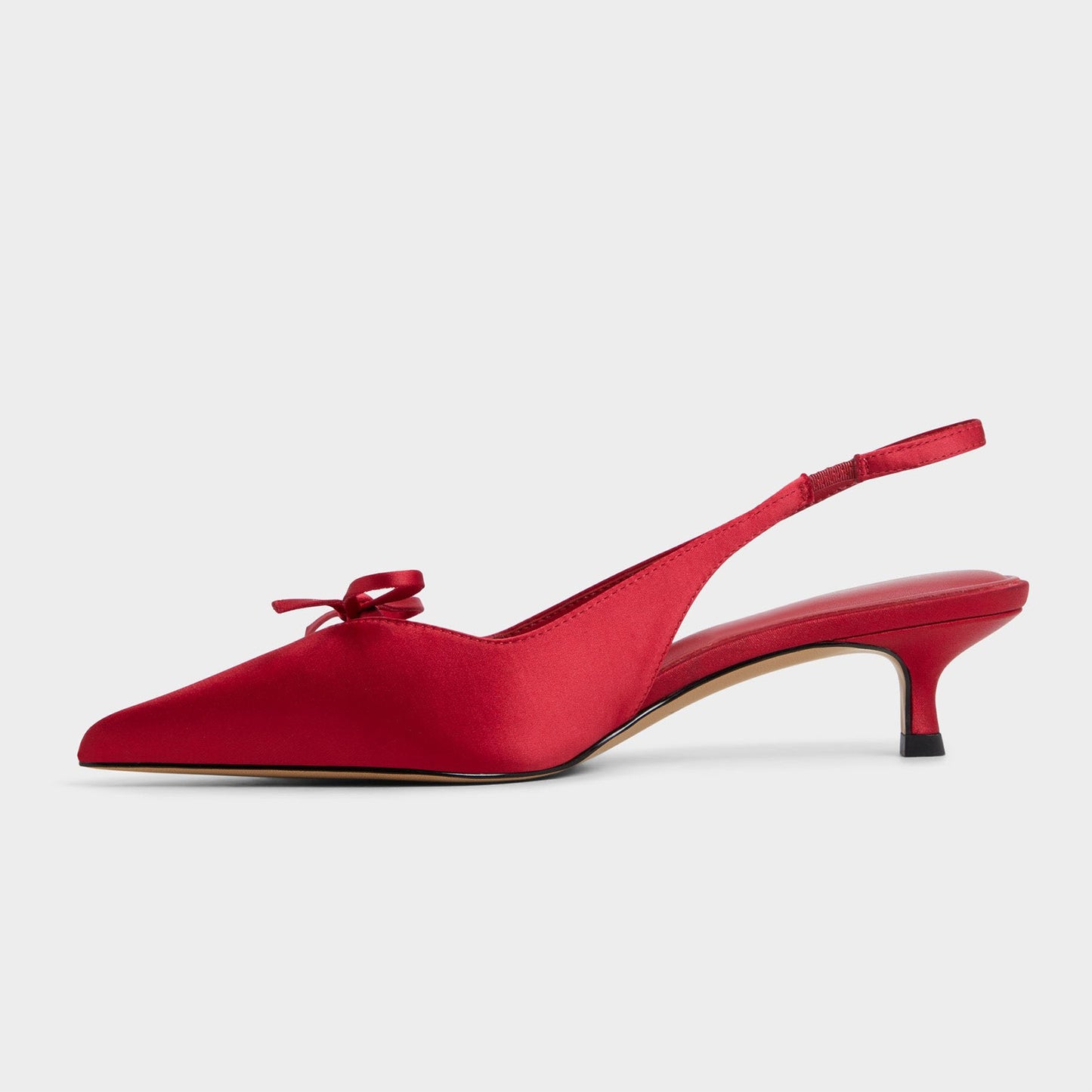 Red Satin Pointed-Toe Front Bow Classic Back Strap Kitten Heels