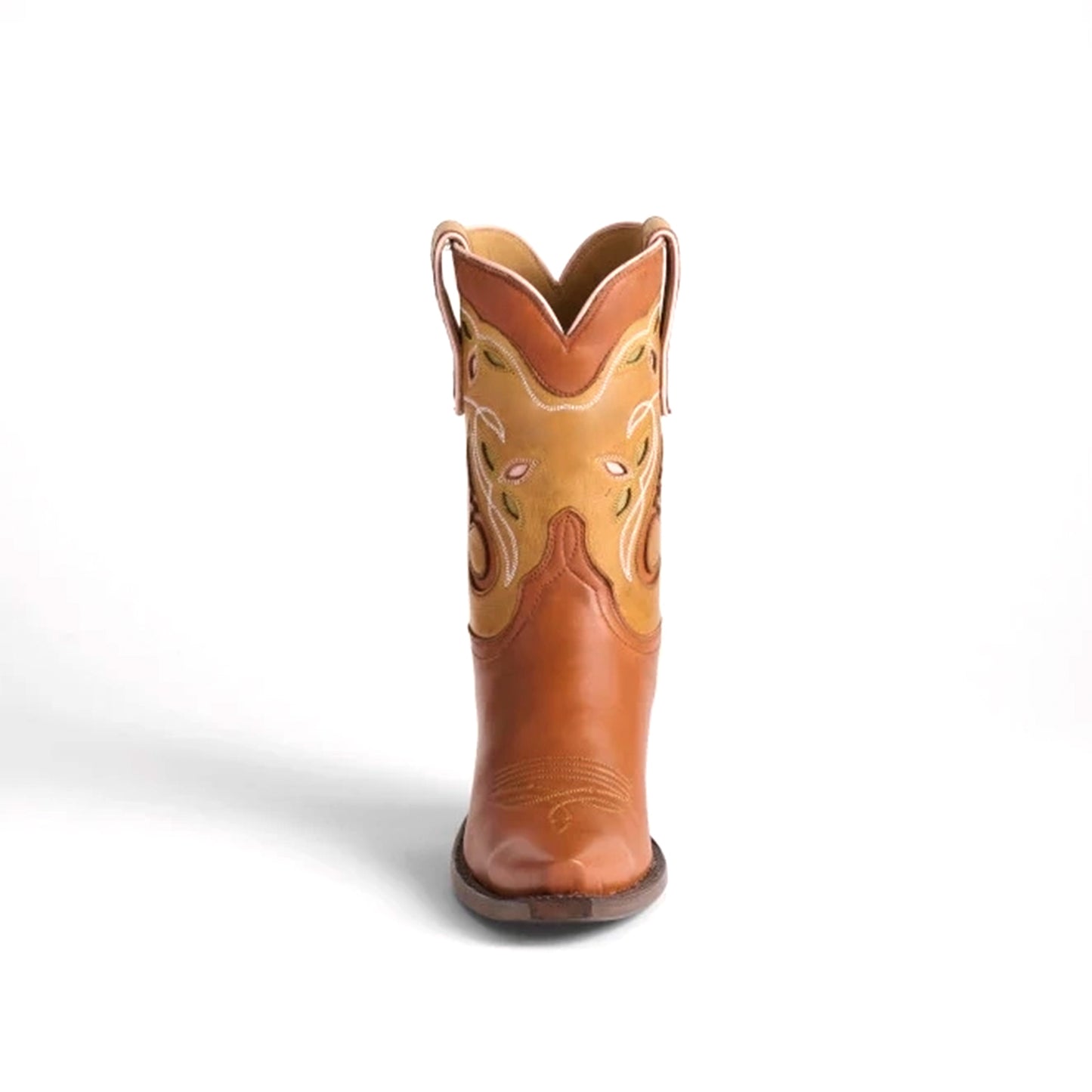 Contrast Tan And Cognac Snip-Toe Inlays Ankle Cowgirl Boots