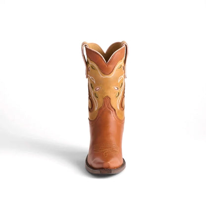 Contrast Tan And Cognac Snip-Toe Inlays Ankle Cowgirl Boots
