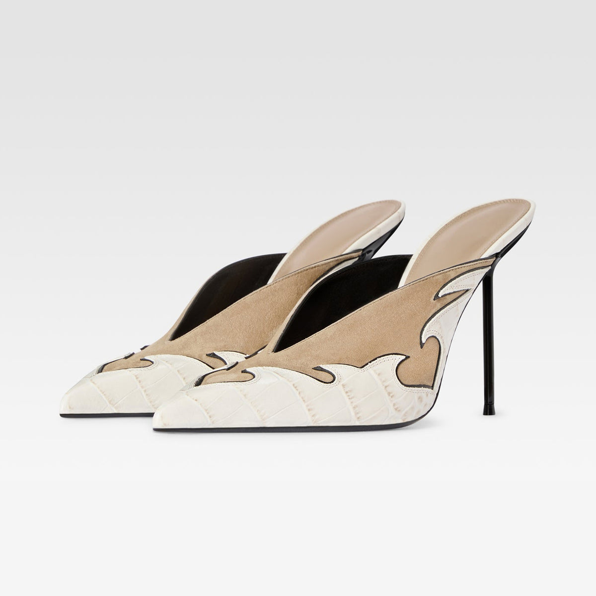 Beige Faux Suede And Crocodile Pattern Pointed-Toe Backless Slip-On High Heels