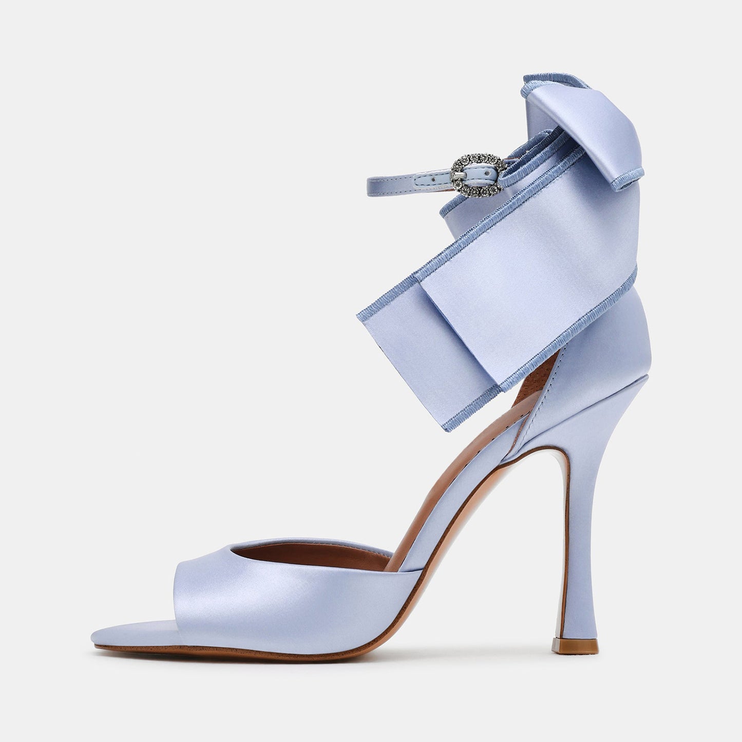 Blue Satin Round-Toe Back Big Bow And Ankle Strap Chic High Heels