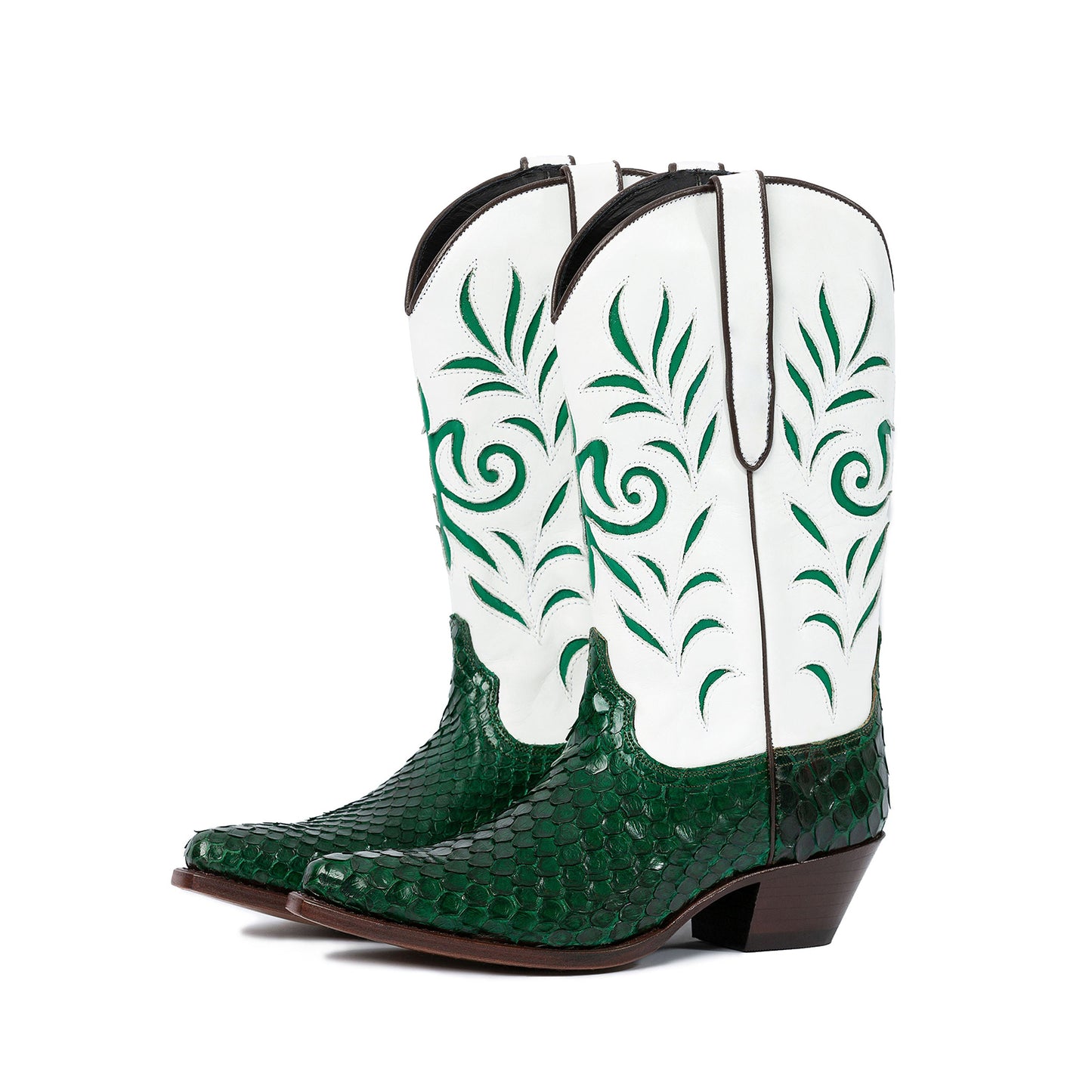 Contrast White And Green Snakeskin Print Pointed-Toe Inlays Mid Calf Cowgirl Boots