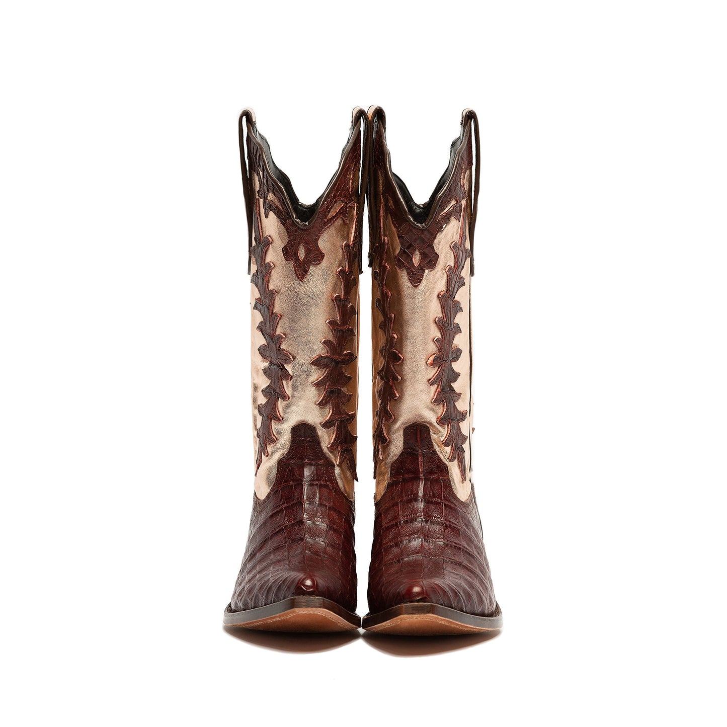 Contrast Brown Crocodile Print And Metallic Champagne Snip-Toe Appliques Mid Calf Cowgirl Boots