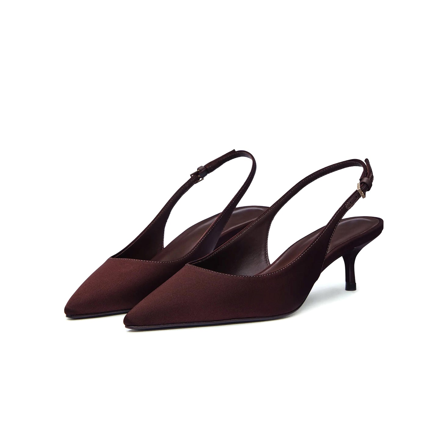 Coffee Satin Pointed-Toe Classic Kitten Heels With Slingback
