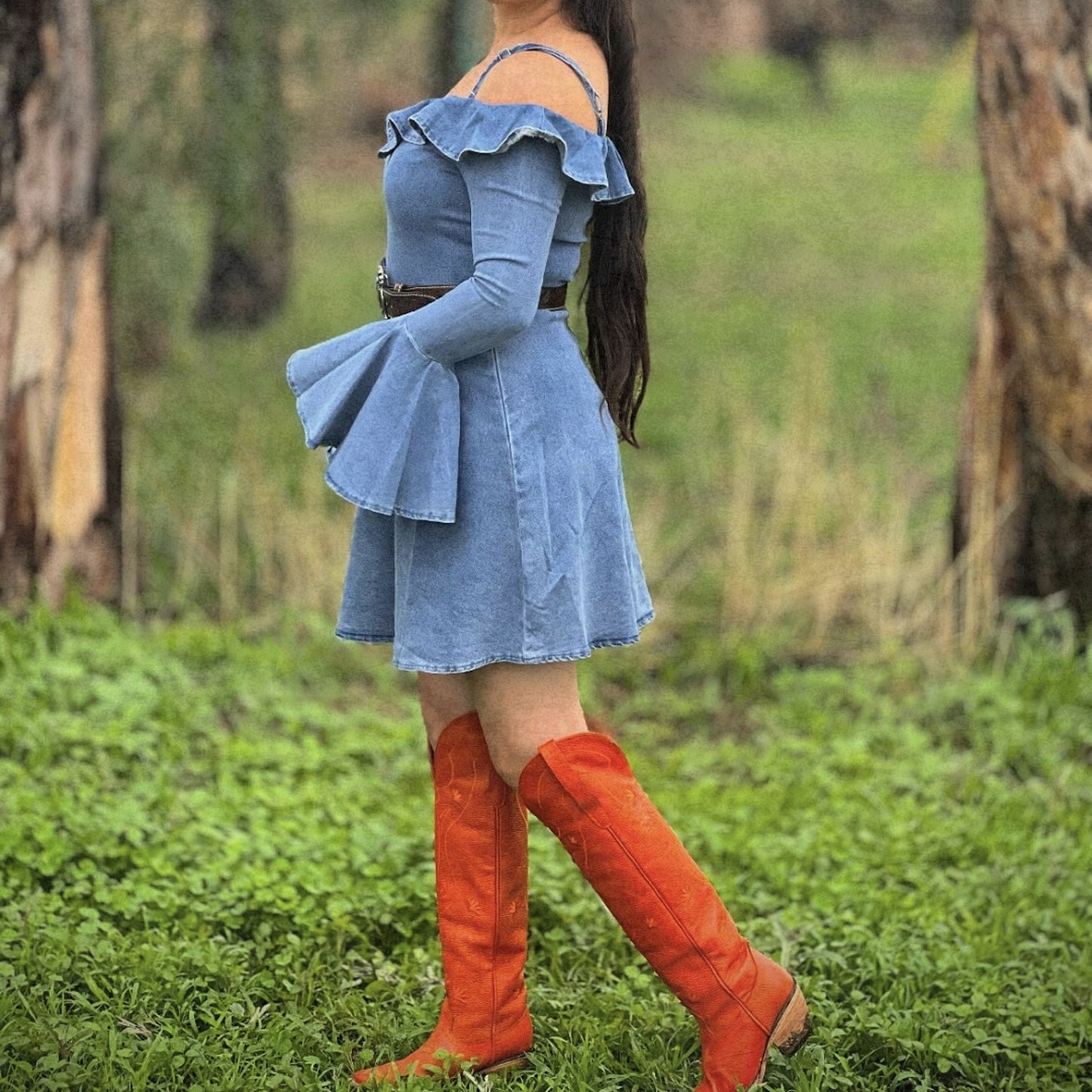 Orange Snip-Toe Wide Calf Embroidery Knee High Cowgirl Boots