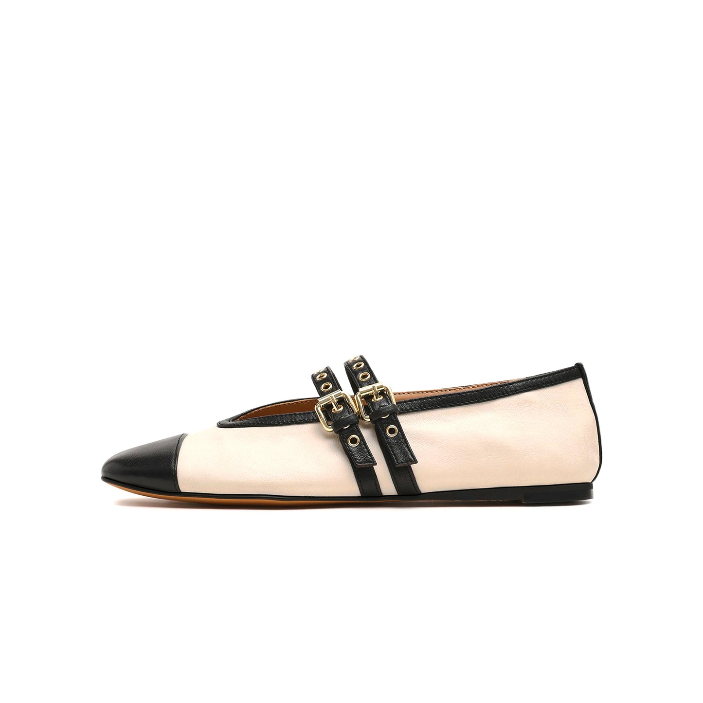 Bone Square-Toe Double Bridge Straps With Eyelets Classic Ballet Flats