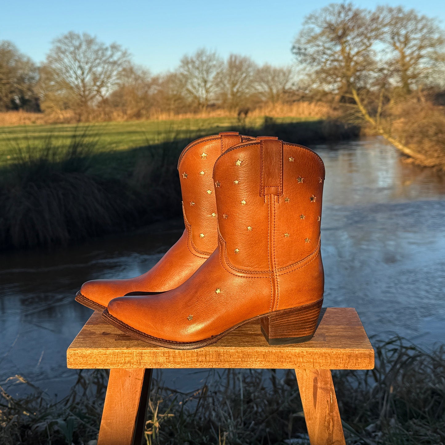 Cognac Snip-Toe Little Stars Inlays Ankle Cowgirl Boots