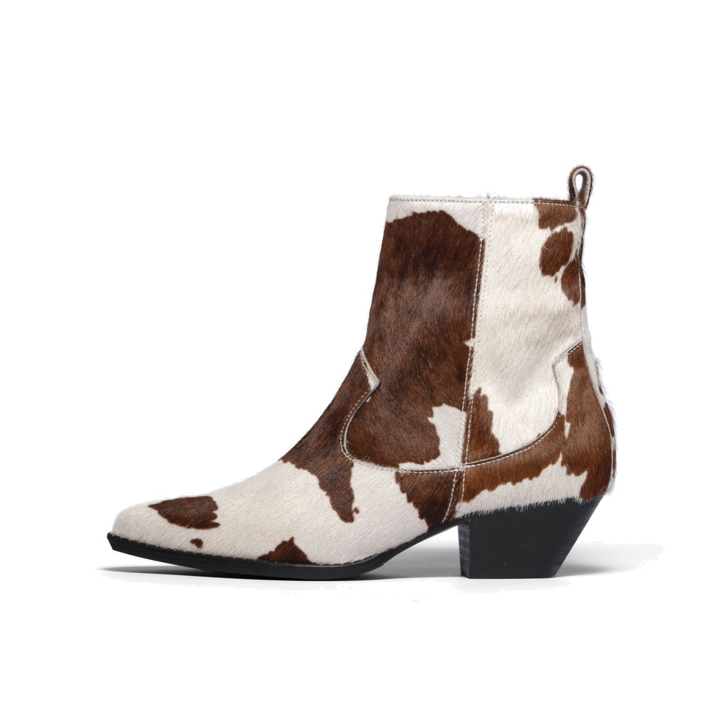 Cow Print Pony Hair Vegan Leather Pointed-Toe Full-Zip Ankle Cowgirl Boots