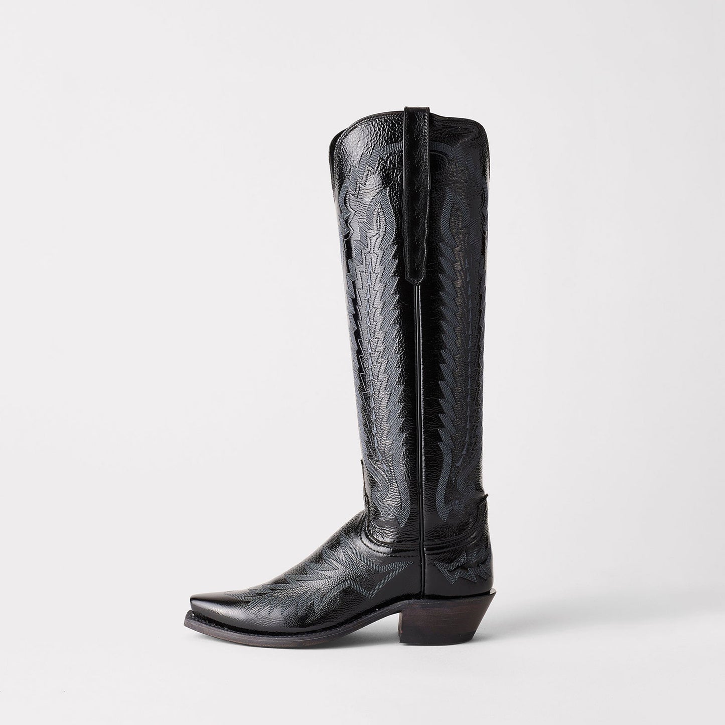Patent Black Snip-Toe Western Embroidery Wide Calf Knee High Chic Cowgirl Boots