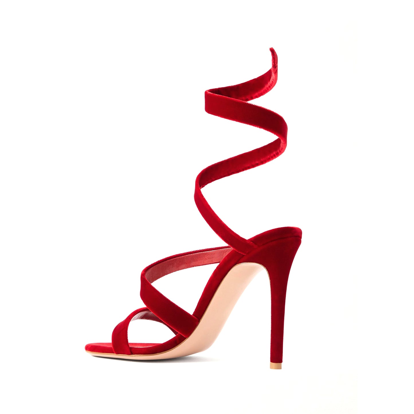 Red Velvet Round-Toe Spiral Ankle Straps Sandals High Heels
