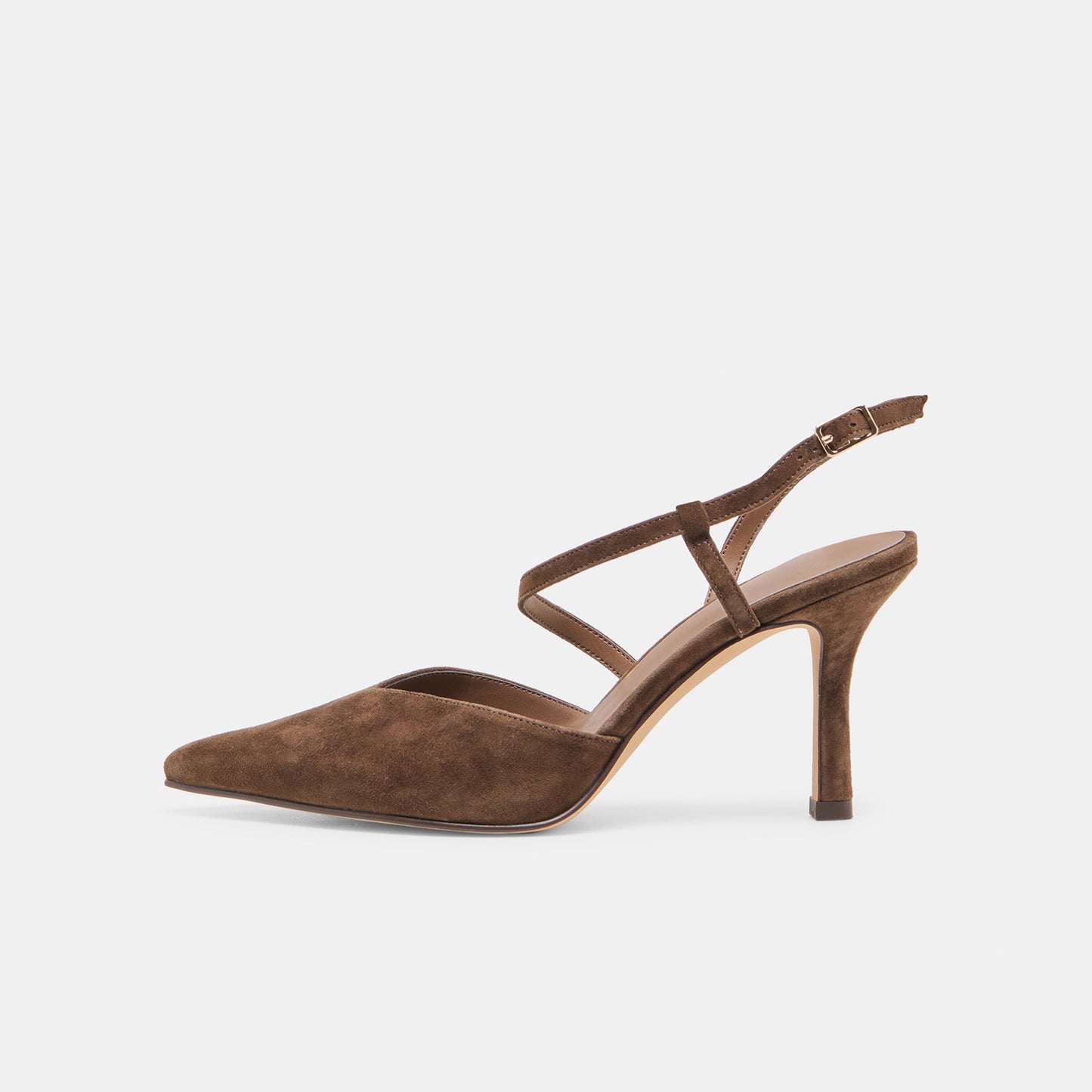 Brown Faux Suede Pointed-Toe S-Shaped Strap High Heels