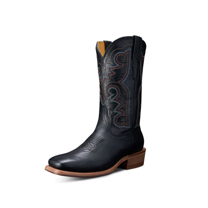 Black Square-Toe Western Embroidery Mid Calf Cowgirl Boots