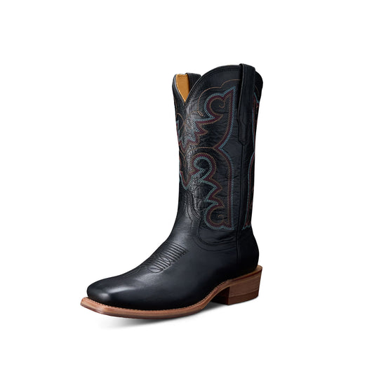 Black Square-Toe Western Embroidery Mid Calf Cowgirl Boots