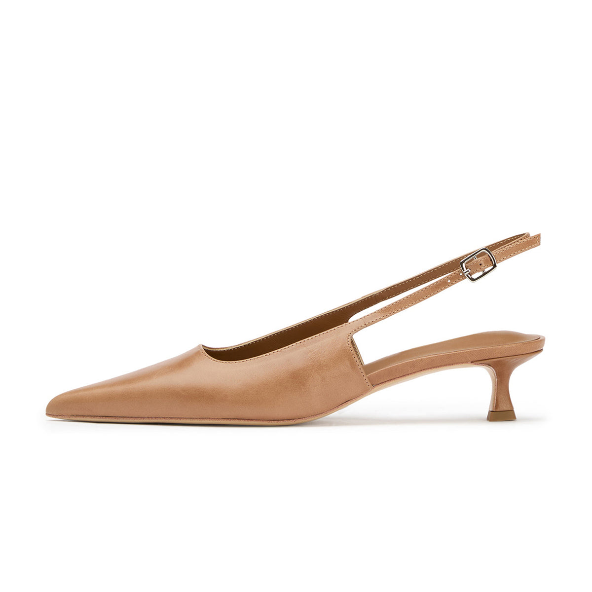 Chic Pointed-Toe Buckle Slingback Kitten Heels - Tan