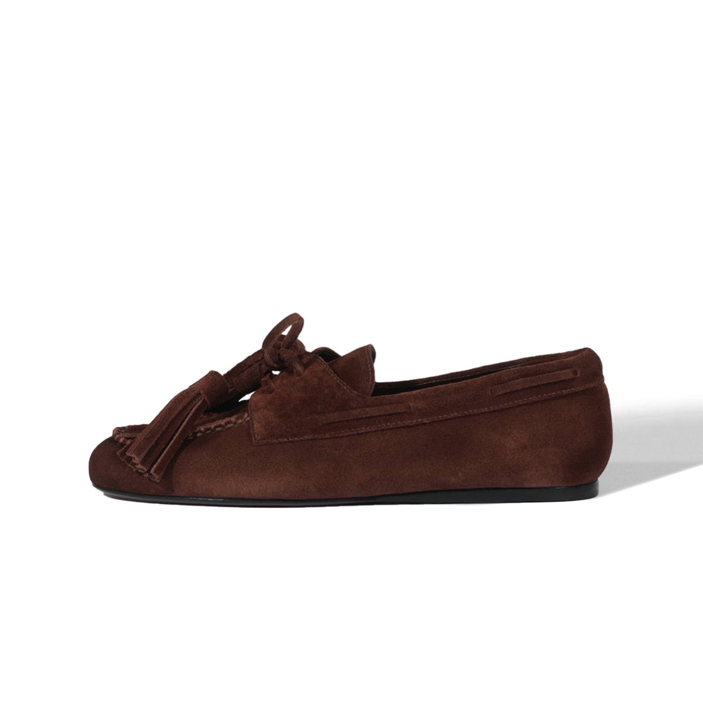 Coffee Faux Suede Square-Toe Front Bow With Fringe Slip-On Flats