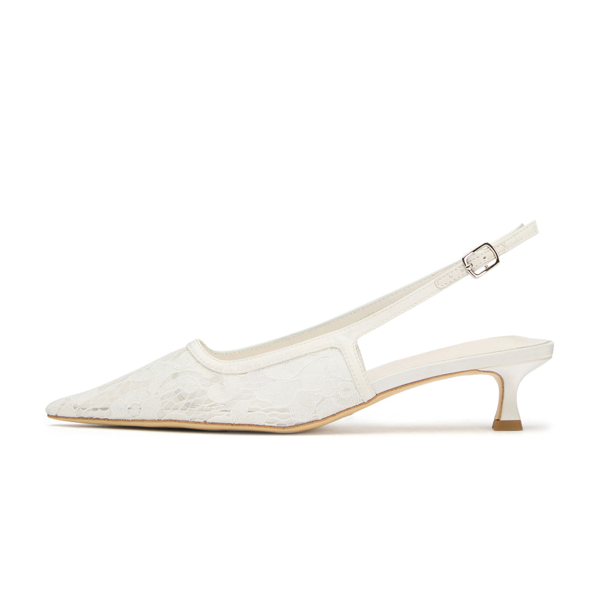 Chic Pointed-Toe Buckle Slingback Kitten Heels - Ivory Lace Mesh And Satin