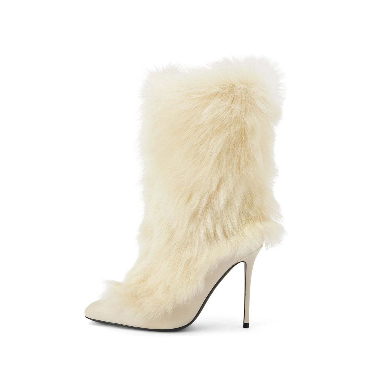 Cream Pointed-Toe Full Plush Mid Calf Stiletto Boots