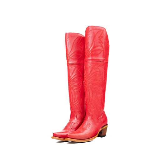 Red Snip-Toe Half-Zip Western Embroidery Knee High Cowgirl Boots