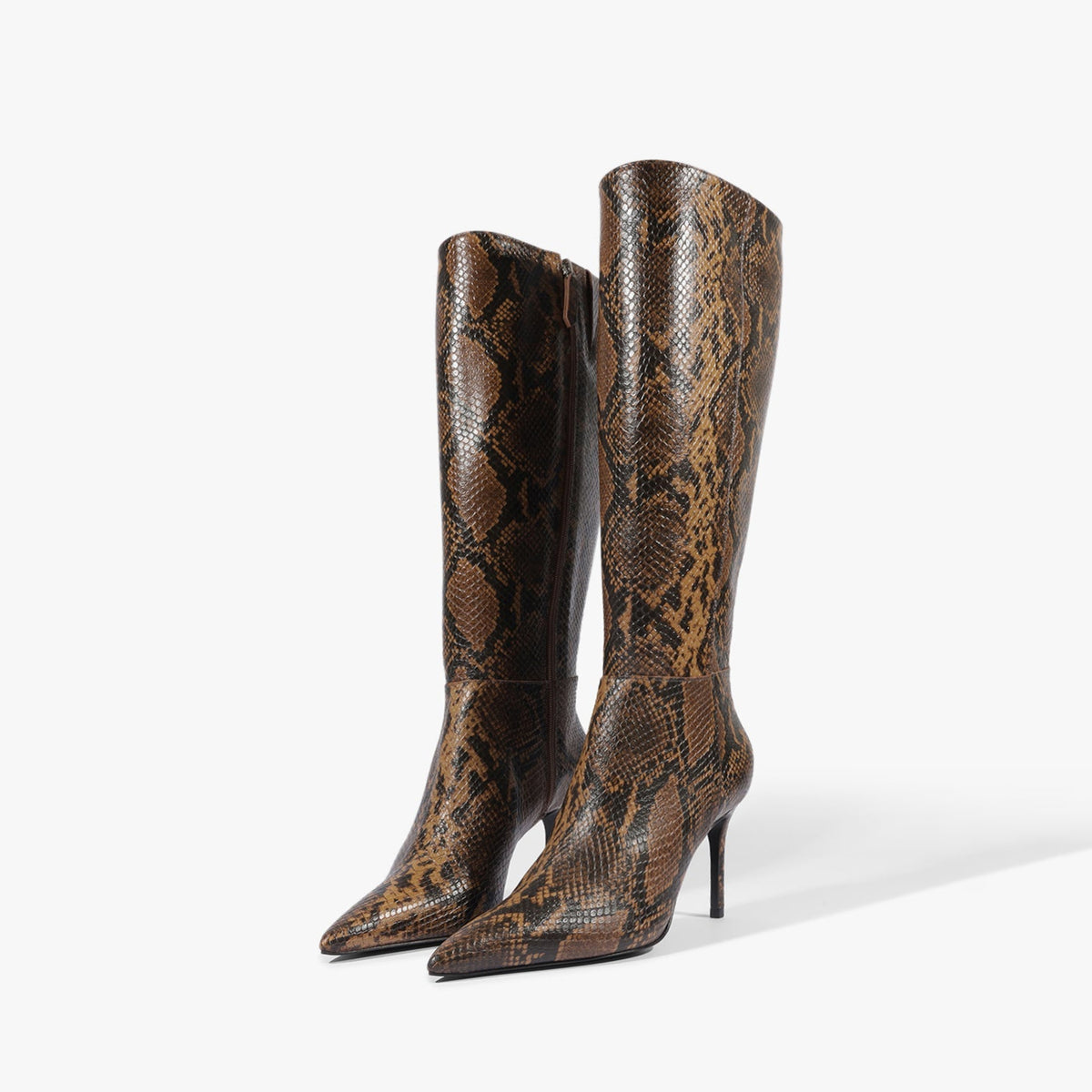 Chic Pointed-Toe Simple Full-Zip Sleek Knee High Stiletto Boots - Snakeskin Pattern