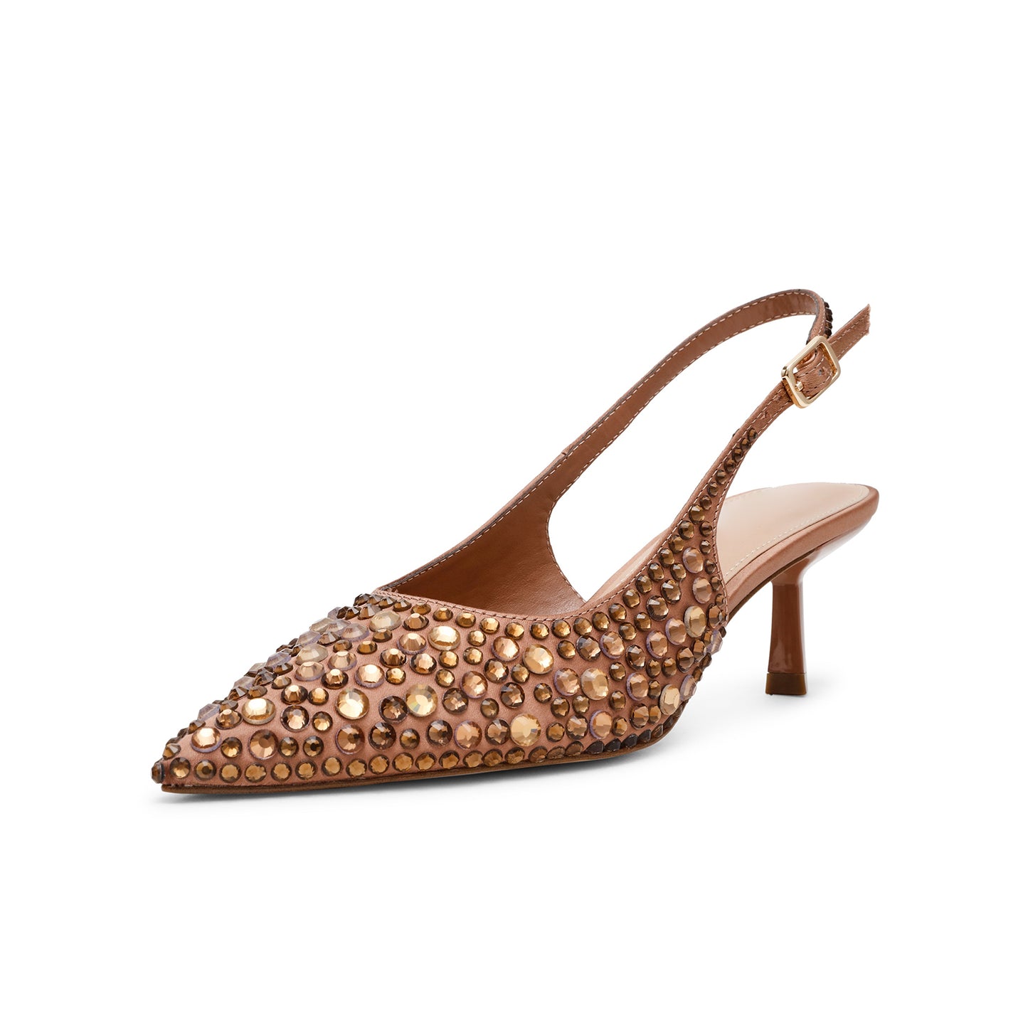 Bronze Satin Full Crystals Pointed-Toe Classic Slingback Kitten Heels