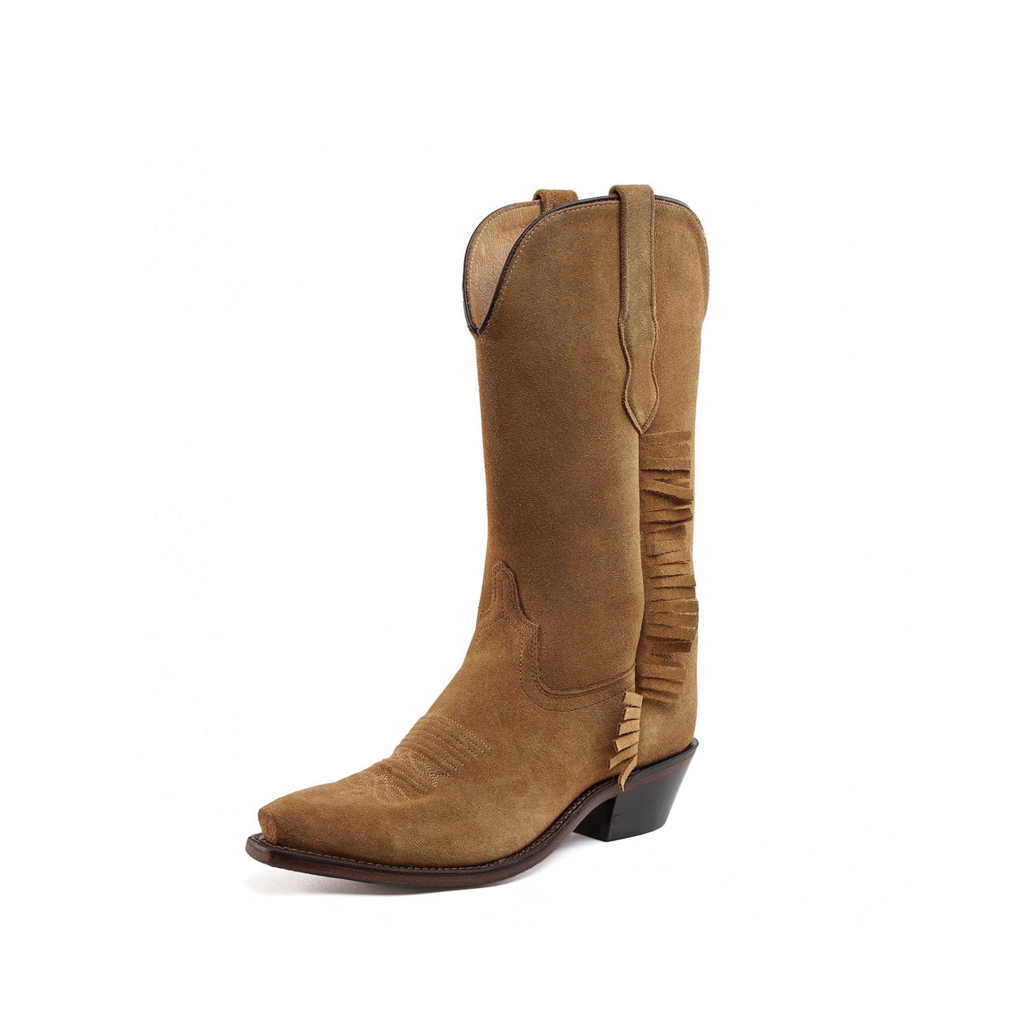Cognac Faux Suede Snip-Toe Short Fringe Mid Calf Cowgirl Boots