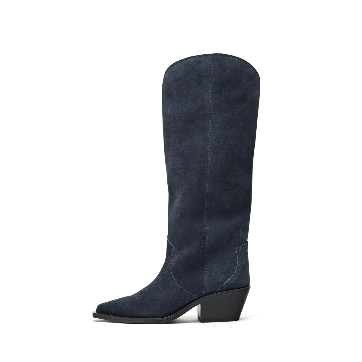 Dark Blue Faux Suede Pointed-Toe Simple And Sleek Knee High Cowgirl Boots