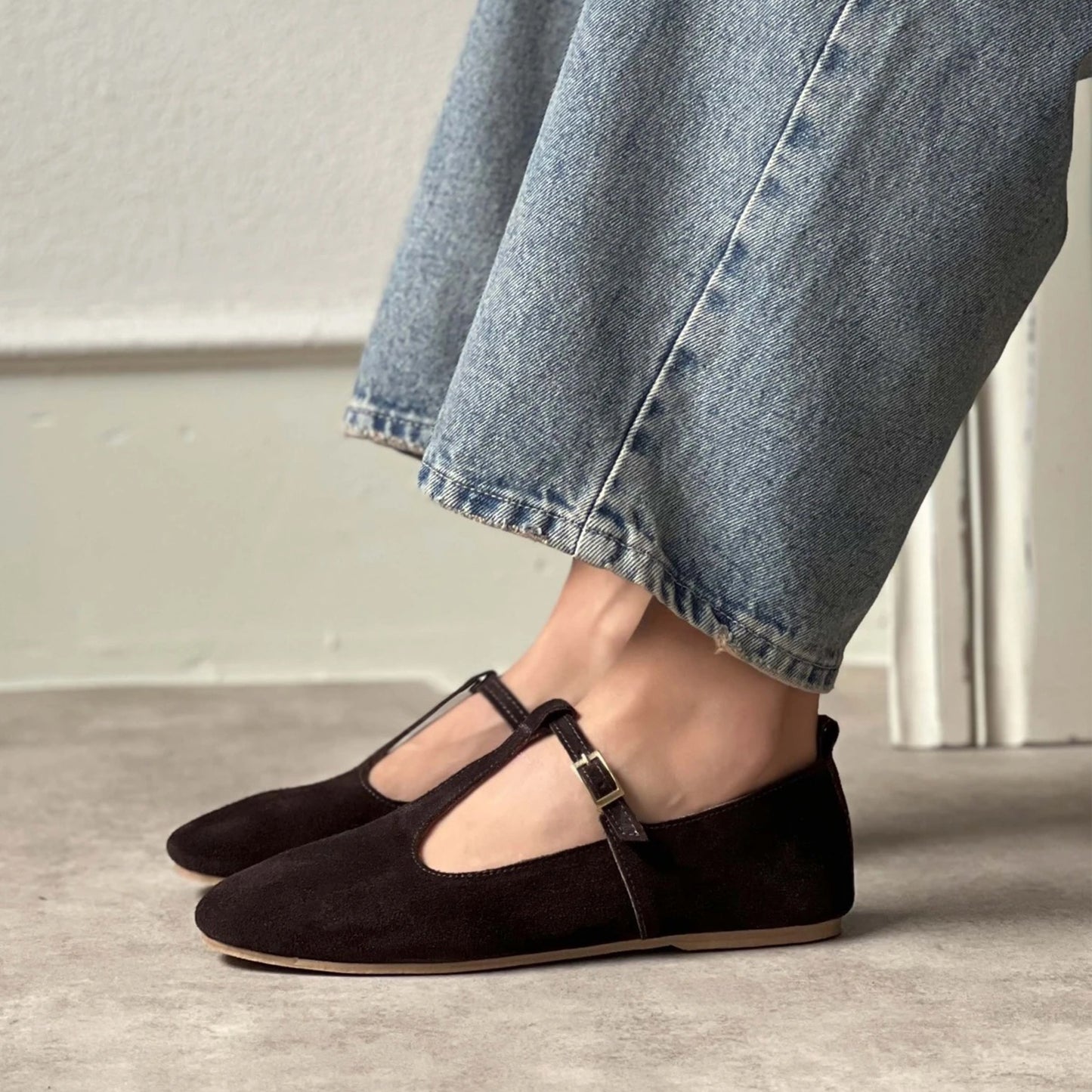 Coffee Faux Suede Round-Toe Buckle Middle Strap Simple Chic Flats