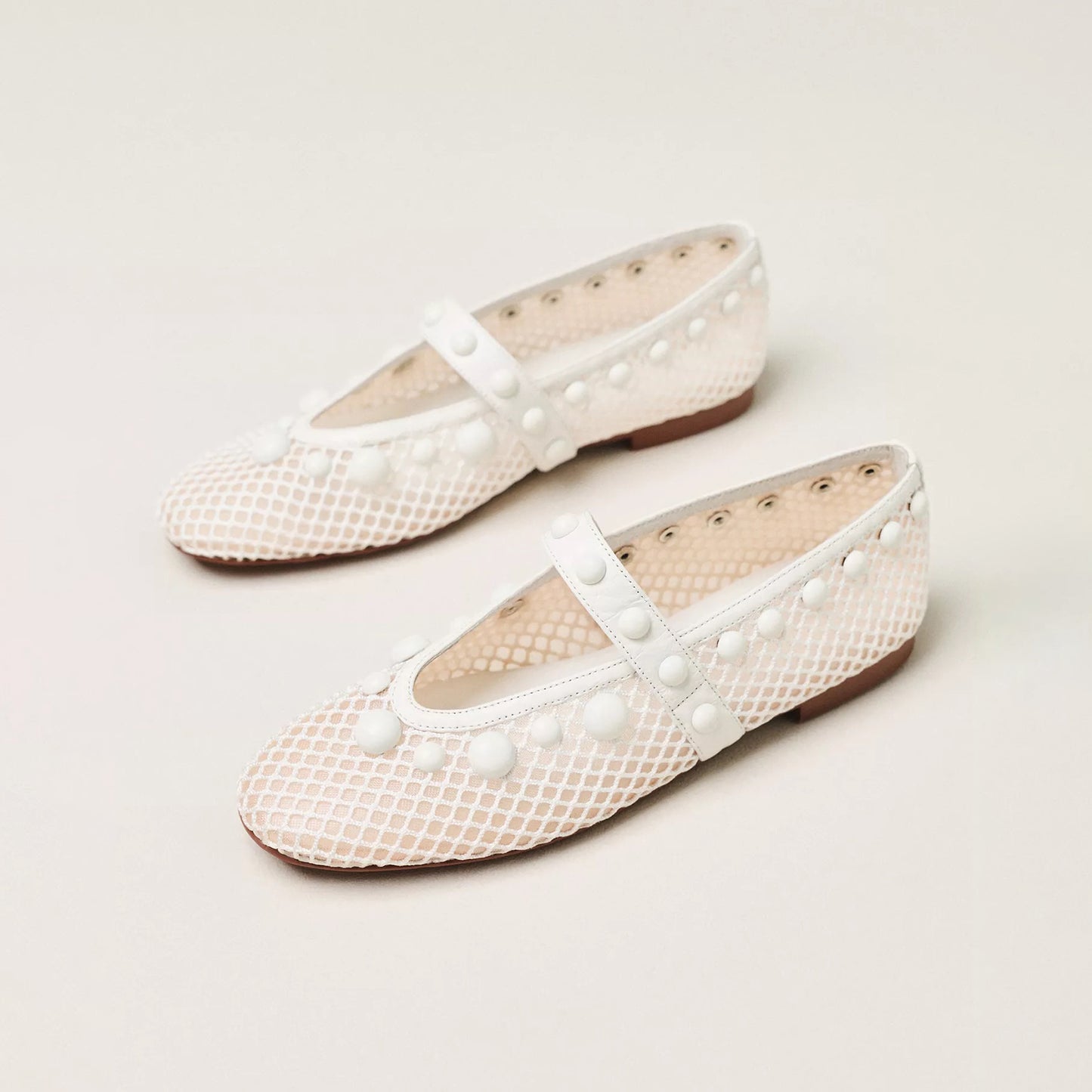 White Mesh Square-Toe Studs And Mary Jane Ballet Flats