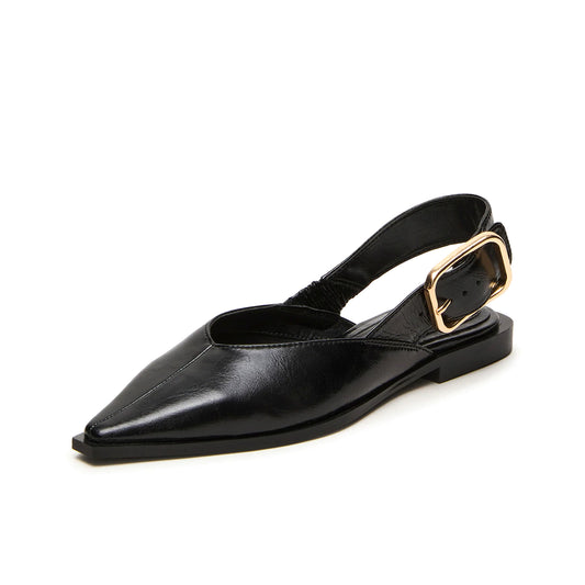 Black Vegan Leather Pointed-Toe Slingback Buckle Flats