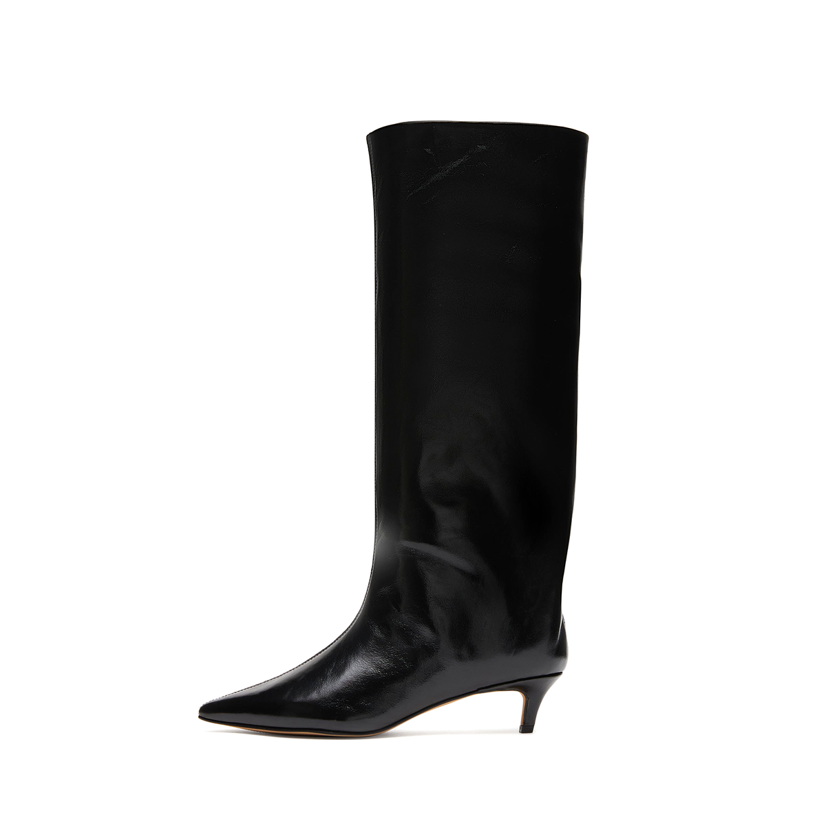 Black Faux Suede And Vegan Leather Pointed-Toe Wide Calf Knee High Stiletto Boots