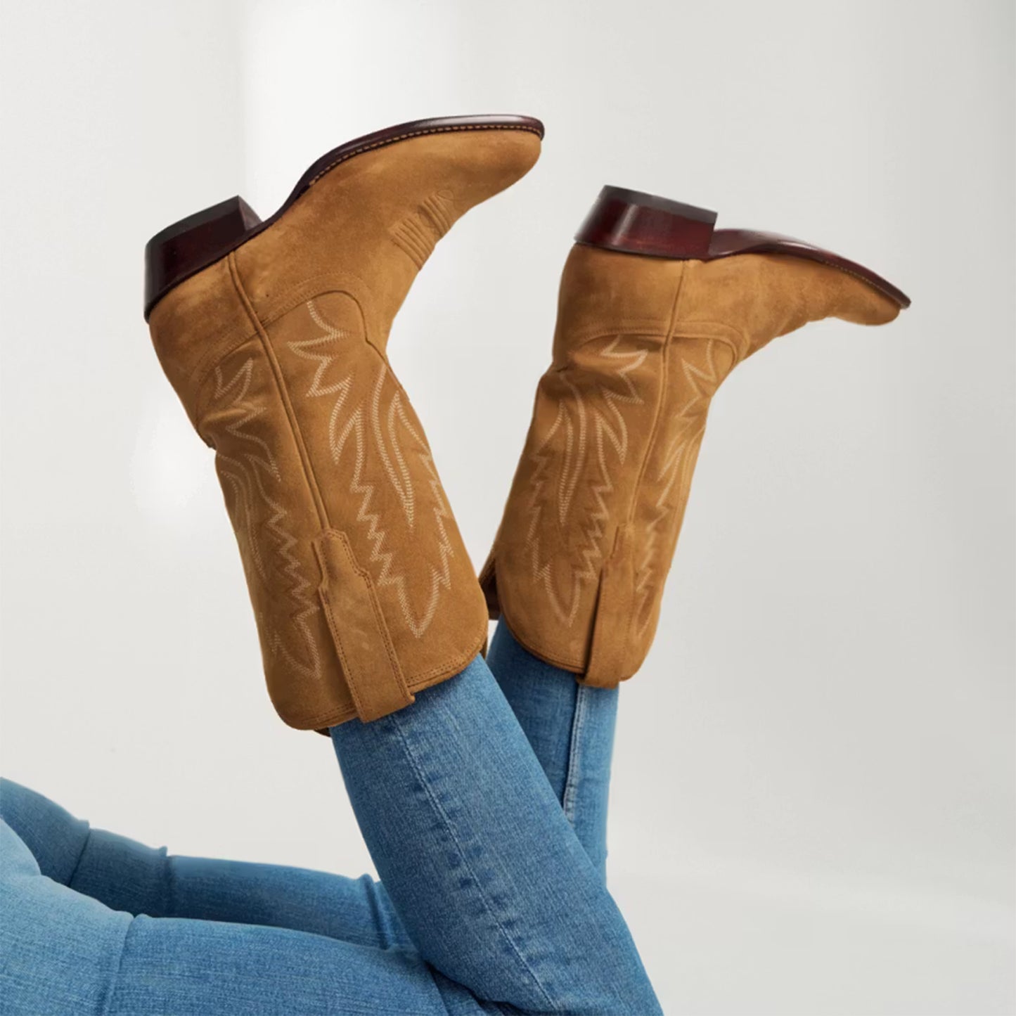 Caramel Faux Suede Almond-Toe Embroidery Mid Calf Cowgirl Boots