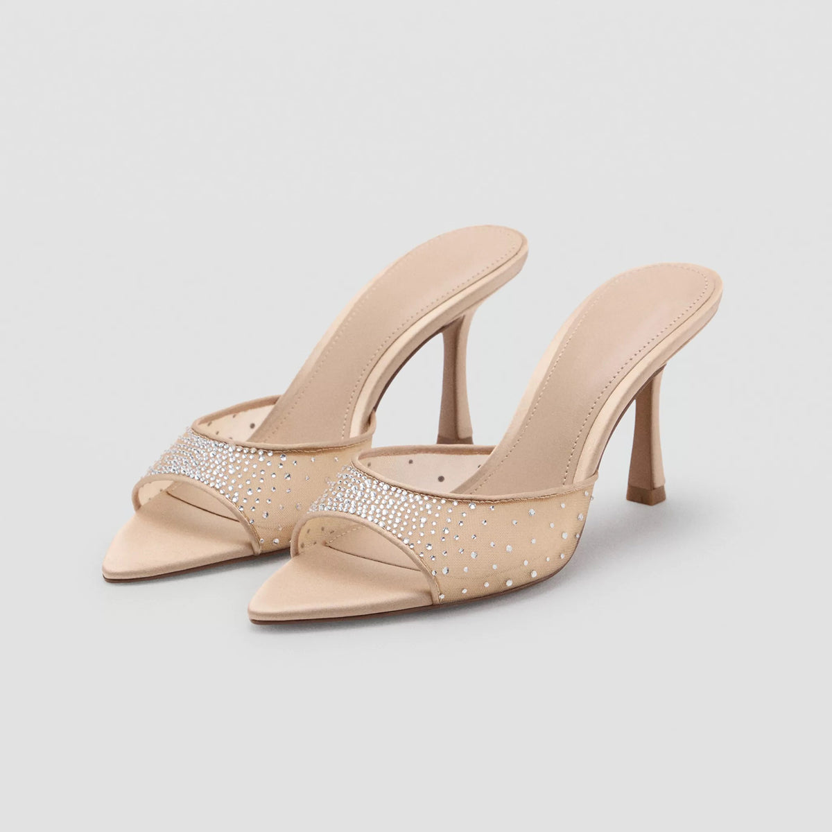 Champagne Mesh With Rhinestones Pointed-Toe Backless Pumps High Heels
