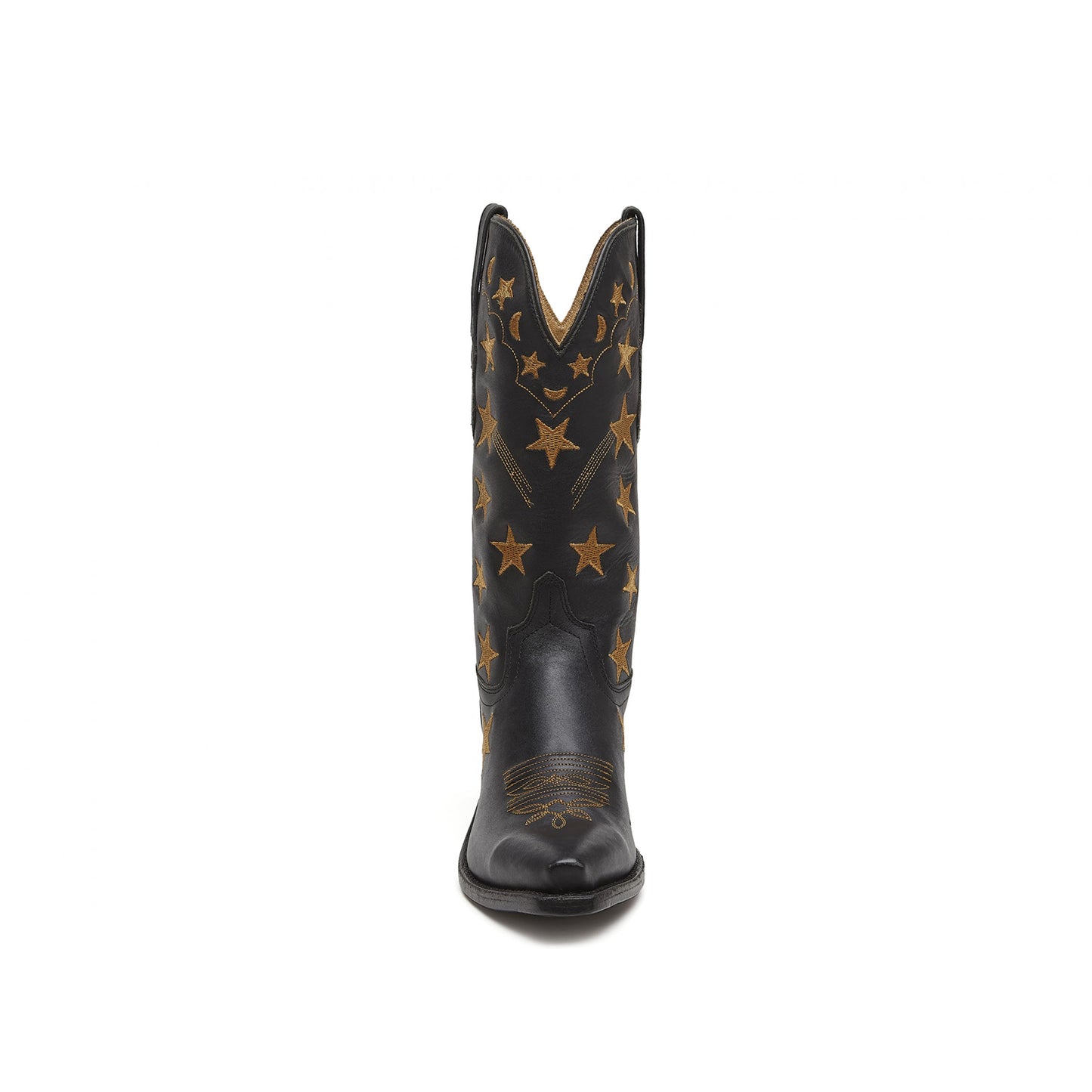 Black Snip-Toe Stars And Moons Embroidery Mid Calf Cowgirl Boots